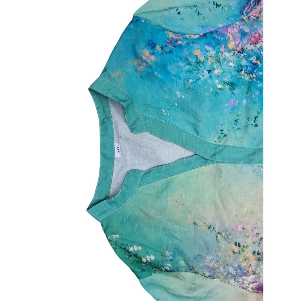 Plus Size 2X Vibrant Watercolor Floral Ruffle Bell Sleeve V-Neck Blouse - Picture 3 of 5